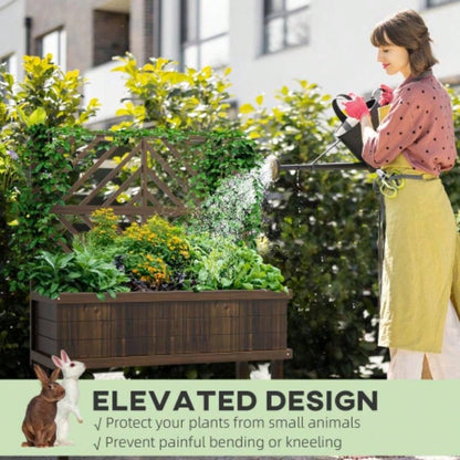 Outsunny Raised Garden Bed with Trellis Climbing Plants, Vegetable, Grape Vines, Wood Planter with, Drainage Holes and Outdoor Garden, Patio, Carbonized