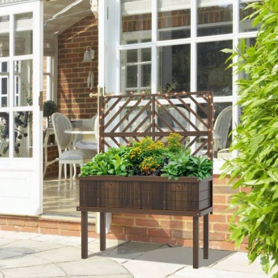 Outsunny Raised Garden Bed with Trellis Climbing Plants, Vegetable, Grape Vines, Wood Planter with, Drainage Holes and Outdoor Garden, Patio, Carbonized