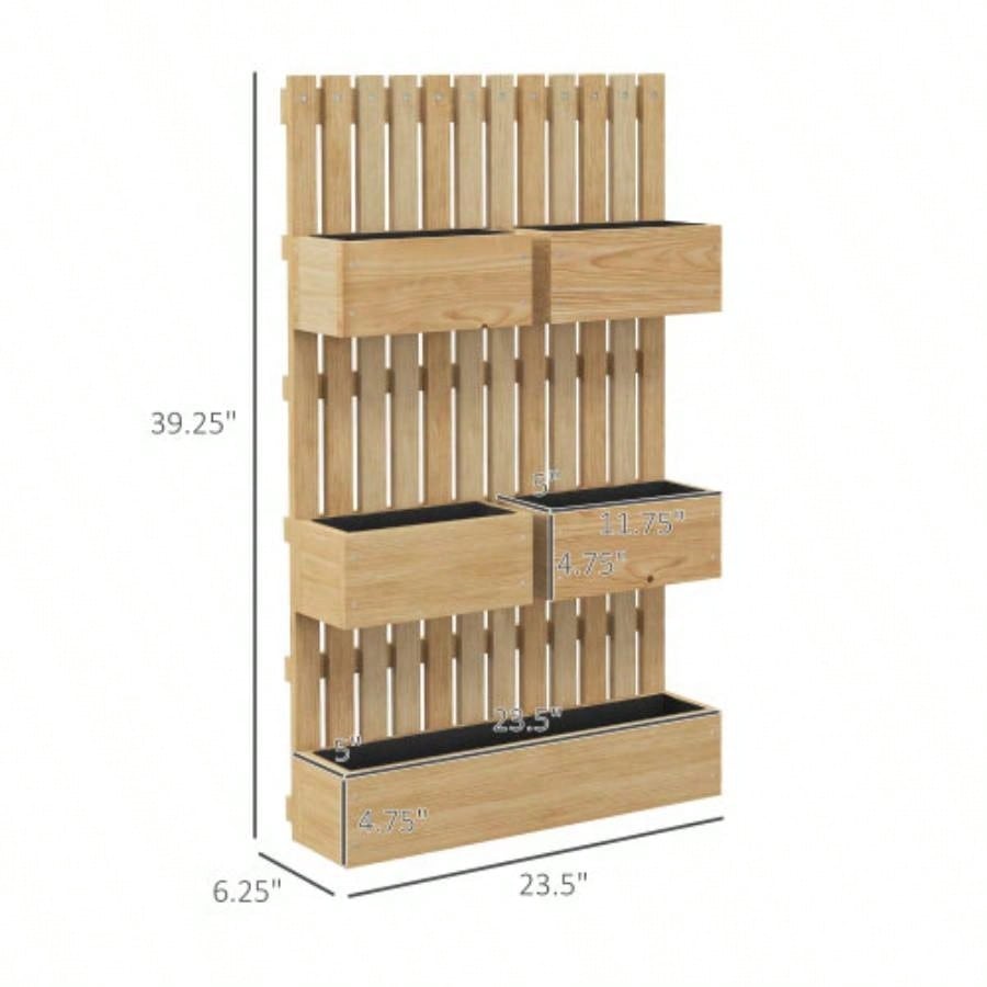 Outsunny 5 Box Raised Garden Bed with Trellis Vine Flowers Climbing Plants, 39 Tall Wall - Mounted Wood Planter Box Set with Adjustable Height, Drainage Hole, Natural