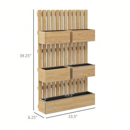 Outsunny 5 Box Raised Garden Bed with Trellis Vine Flowers Climbing Plants, 39 Tall Wall - Mounted Wood Planter Box Set with Adjustable Height, Drainage Hole, Natural
