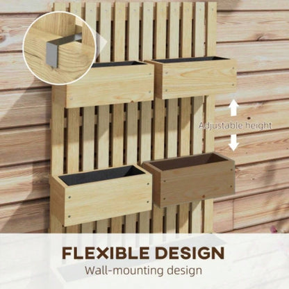 Outsunny 5 Box Raised Garden Bed with Trellis Vine Flowers Climbing Plants, 39 Tall Wall - Mounted Wood Planter Box Set with Adjustable Height, Drainage Hole, Natural