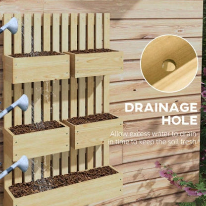 Outsunny 5 Box Raised Garden Bed with Trellis Vine Flowers Climbing Plants, 39 Tall Wall - Mounted Wood Planter Box Set with Adjustable Height, Drainage Hole, Natural
