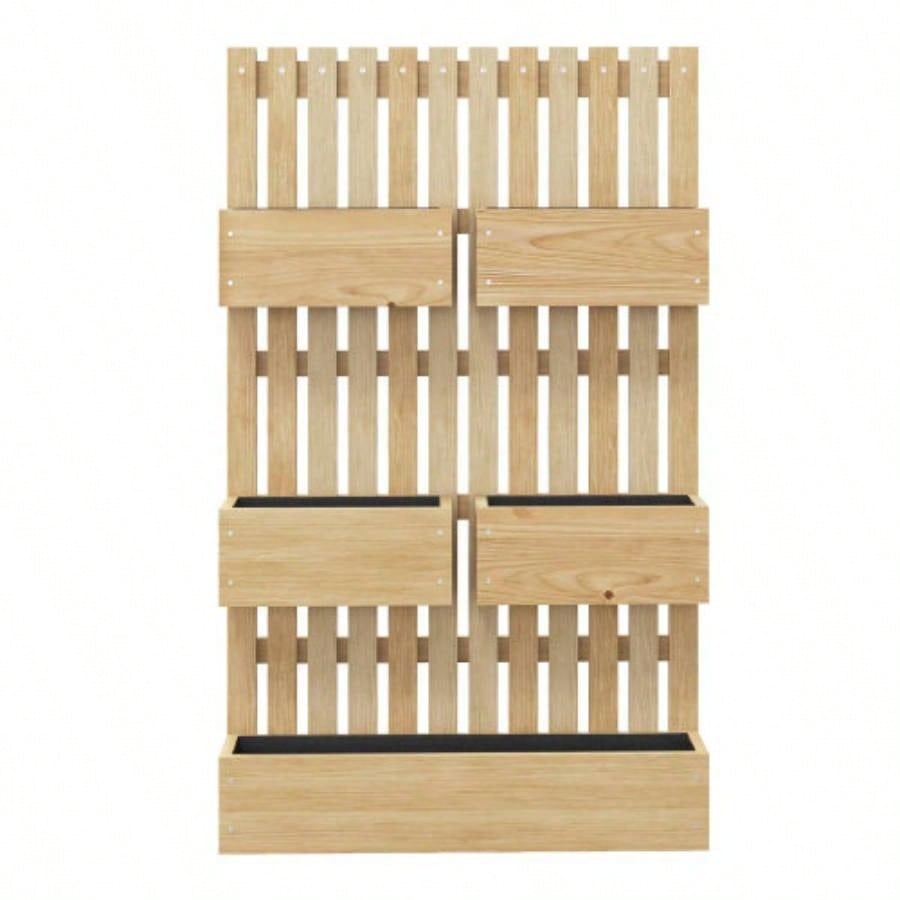 Outsunny 5 Box Raised Garden Bed with Trellis Vine Flowers Climbing Plants, 39 Tall Wall - Mounted Wood Planter Box Set with Adjustable Height, Drainage Hole, Natural