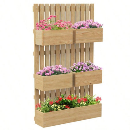 Outsunny 5 Box Raised Garden Bed with Trellis Vine Flowers Climbing Plants, 39 Tall Wall - Mounted Wood Planter Box Set with Adjustable Height, Drainage Hole, Natural