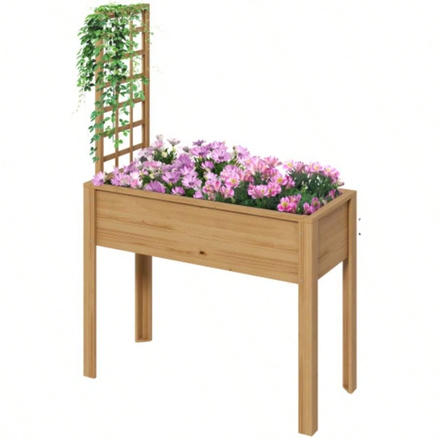 Outsunny Raised Garden Bed with Trellis Climbing Plants, Elevated Wood Planter with Drainage Holes, and Vegetable, Flowers, Natural