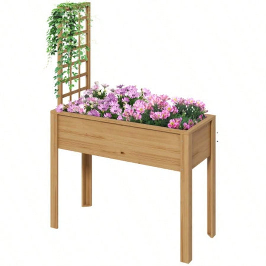 Outsunny Raised Garden Bed with Trellis Climbing Plants, Elevated Wood Planter with Drainage Holes, and Vegetable, Flowers, Natural