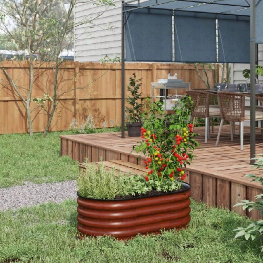 Outsunny 3.5x 2x 1.4 Galvanized Raised Garden Bed Kit, Outdoor Metal Elevated Planter Box with Safety Edging, Easy Stock Growing Flowers, Herbs Vegetables, Brown