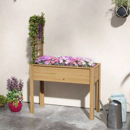 Outsunny Raised Garden Bed with Trellis Climbing Plants, Elevated Wood Planter with Drainage Holes, and Vegetable, Flowers, Natural