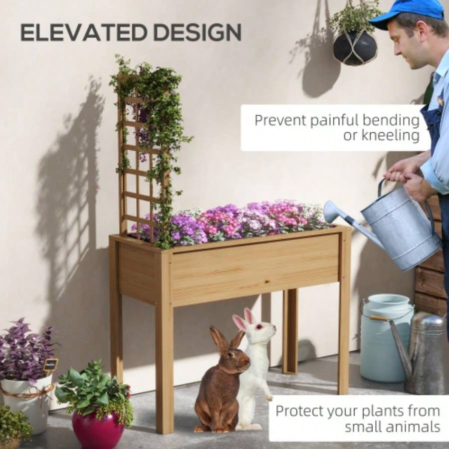 Outsunny Raised Garden Bed with Trellis Climbing Plants, Elevated Wood Planter with Drainage Holes, and Vegetable, Flowers, Natural