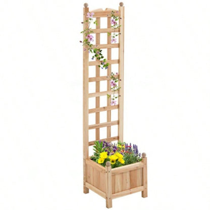 Outsunny Wooden Raised Garden Bed with Trellis, Outdoor Planter Box with Drainage Crevices Climbing Vine Plants Flowers, 12x 12x 49
