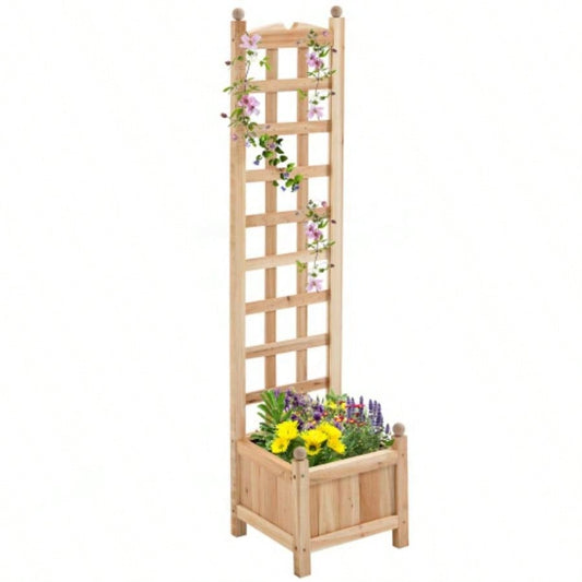 Outsunny Wooden Raised Garden Bed with Trellis, Outdoor Planter Box with Drainage Crevices Climbing Vine Plants Flowers, 12x 12x 49