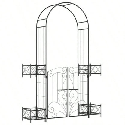 Outsunny Garden Arch Arbor, Metal Arch Trellis with Gate, Garden Archway Climbing Vines, Wedding Ceremony Decoration, Black
