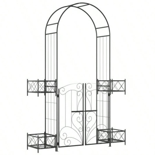 Outsunny Garden Arch Arbor, Metal Arch Trellis with Gate, Garden Archway Climbing Vines, Wedding Ceremony Decoration, Black