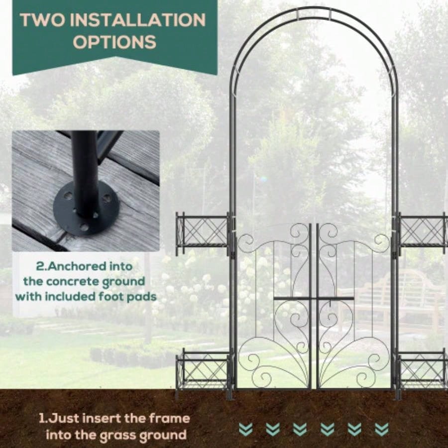 Outsunny Garden Arch Arbor, Metal Arch Trellis with Gate, Garden Archway Climbing Vines, Wedding Ceremony Decoration, Black