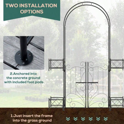 Outsunny Garden Arch Arbor, Metal Arch Trellis with Gate, Garden Archway Climbing Vines, Wedding Ceremony Decoration, Black