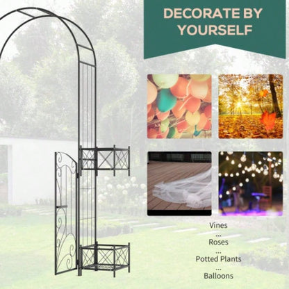 Outsunny Garden Arch Arbor, Metal Arch Trellis with Gate, Garden Archway Climbing Vines, Wedding Ceremony Decoration, Black
