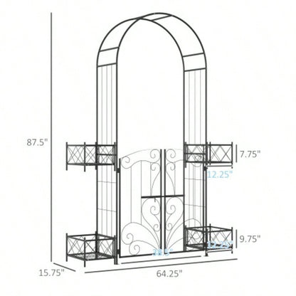 Outsunny Garden Arch Arbor, Metal Arch Trellis with Gate, Garden Archway Climbing Vines, Wedding Ceremony Decoration, Black