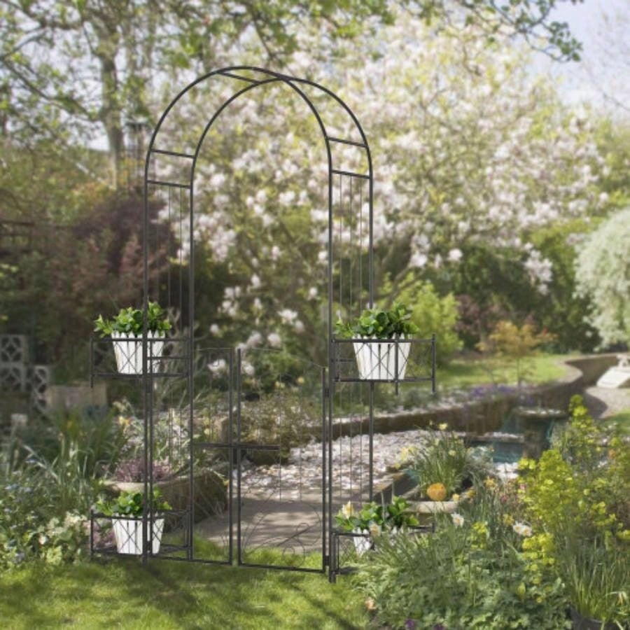 Outsunny Garden Arch Arbor, Metal Arch Trellis with Gate, Garden Archway Climbing Vines, Wedding Ceremony Decoration, Black
