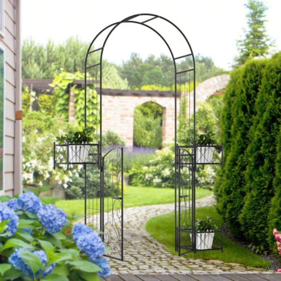 Outsunny Garden Arch Arbor, Metal Arch Trellis with Gate, Garden Archway Climbing Vines, Wedding Ceremony Decoration, Black