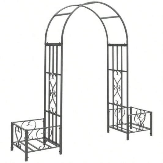 Outsunny 6. Steel Garden Arch Arbor with Scrollwork Hearts, Planter Boxes Climbing Vines, Ceremony, Weddings, Party, Backyard, Lawn, Dark Gray