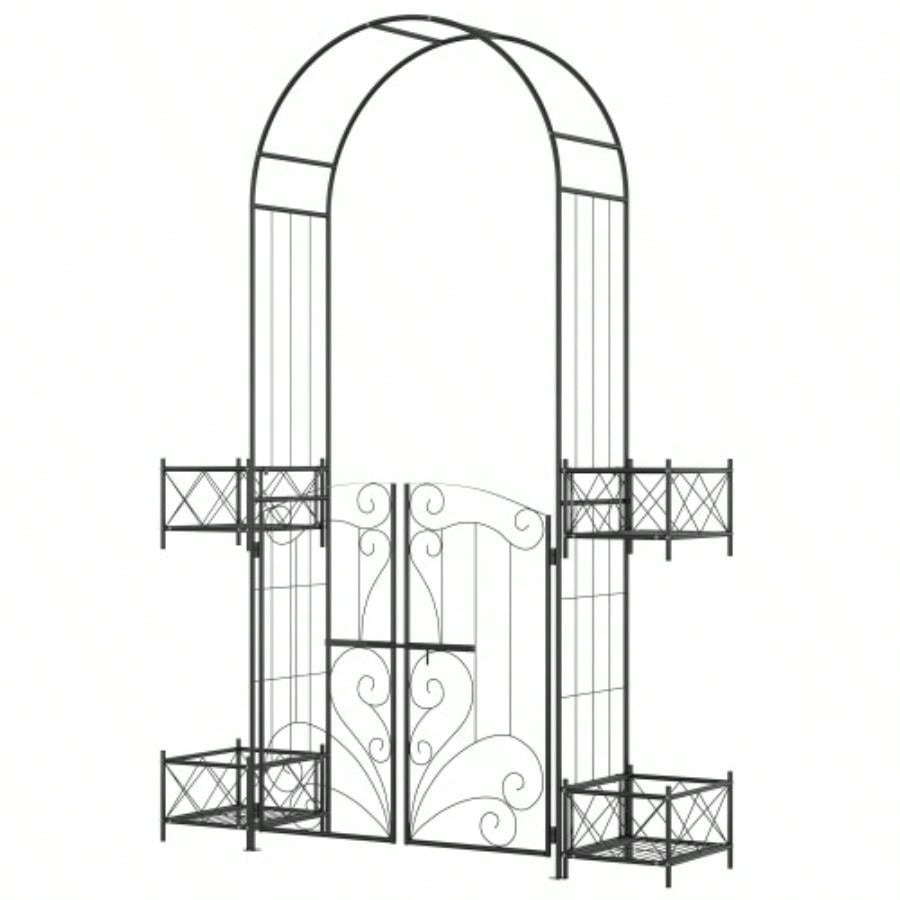 Outsunny Garden Arch Arbor, Metal Arch Trellis with Gate, Garden Archway Climbing Vines, Wedding Ceremony Decoration, Black