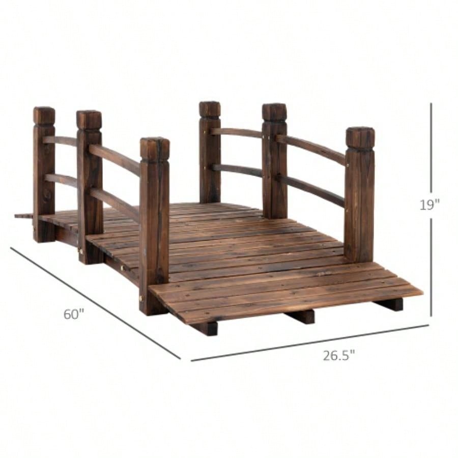 Fir Wood Garden Bridge Walkway with Side Railings Backyards, Gardens, and Streams, Stained Wood, 60x 26.5x 19