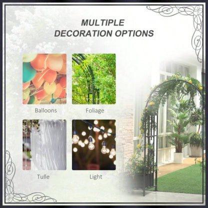 Outsunny 6. Steel Garden Arch Arbor with Scrollwork Hearts, Planter Boxes Climbing Vines, Ceremony, Weddings, Party, Backyard, Lawn, Dark Gray