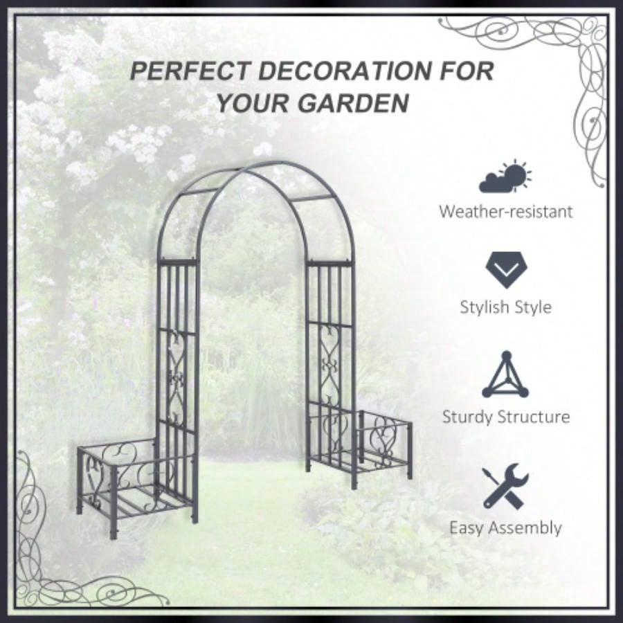 Outsunny 6. Steel Garden Arch Arbor with Scrollwork Hearts, Planter Boxes Climbing Vines, Ceremony, Weddings, Party, Backyard, Lawn, Dark Gray