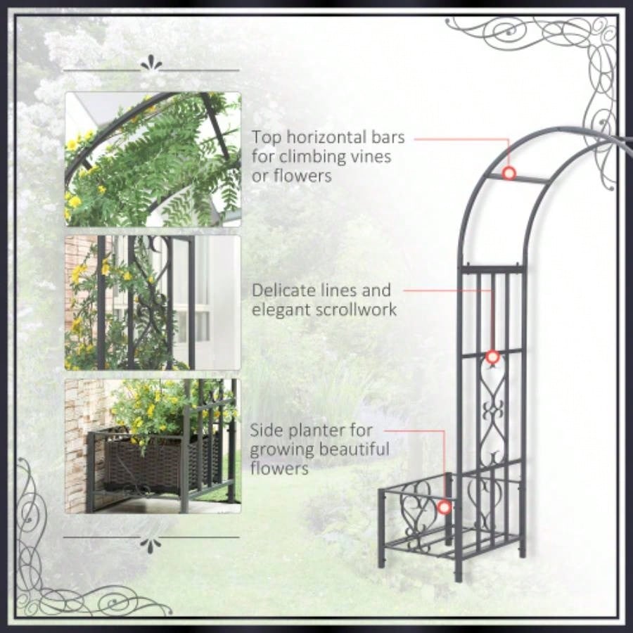 Outsunny 6. Steel Garden Arch Arbor with Scrollwork Hearts, Planter Boxes Climbing Vines, Ceremony, Weddings, Party, Backyard, Lawn, Dark Gray