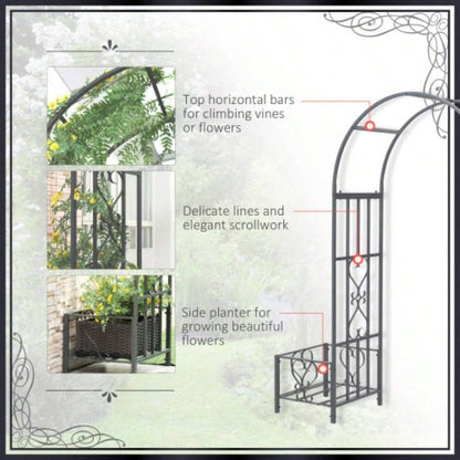 Outsunny 6. Steel Garden Arch Arbor with Scrollwork Hearts, Planter Boxes Climbing Vines, Ceremony, Weddings, Party, Backyard, Lawn, Dark Gray