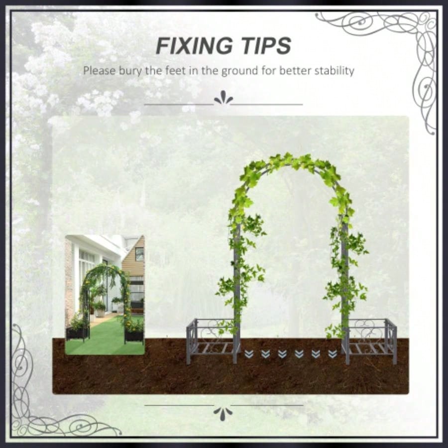 Outsunny 6. Steel Garden Arch Arbor with Scrollwork Hearts, Planter Boxes Climbing Vines, Ceremony, Weddings, Party, Backyard, Lawn, Dark Gray