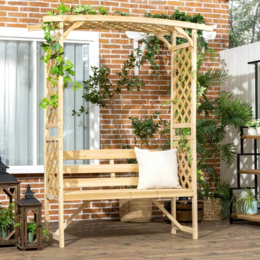 Outsunny Patio Garden Arbor Arch with Pergola and 2 Trellises, 3 Natural Wooden Outdoor Grape Vines Climbing Plants, Backyard Decor, Natural