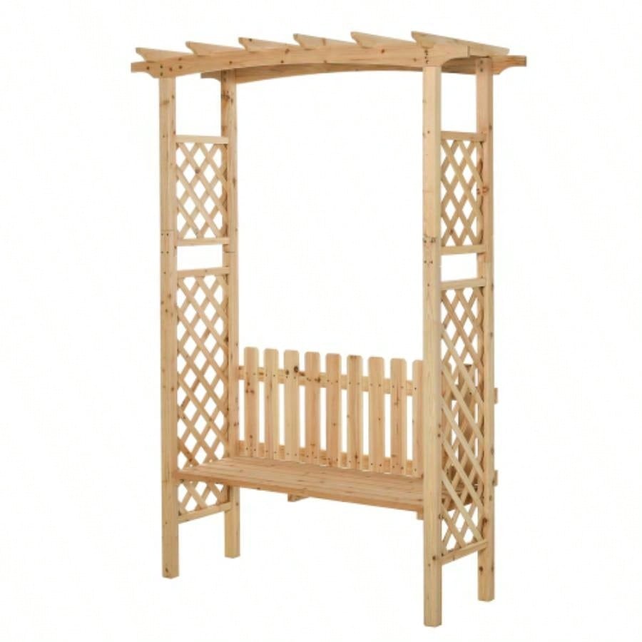 Outsunny Wooden Garden Arbor Climbing Plants with Garden, Garden Arch to Grow Grapes Vines, Patio Decor 2 - Person Outdoor Wood Decorative Seating, Natural