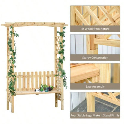 Outsunny Wooden Garden Arbor Climbing Plants with Garden, Garden Arch to Grow Grapes Vines, Patio Decor 2 - Person Outdoor Wood Decorative Seating, Natural