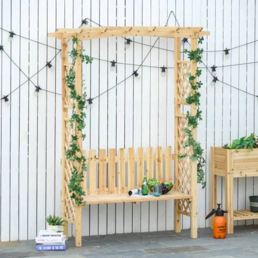Outsunny Wooden Garden Arbor Climbing Plants with Garden, Garden Arch to Grow Grapes Vines, Patio Decor 2 - Person Outdoor Wood Decorative Seating, Natural
