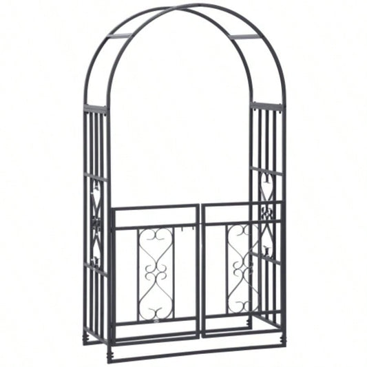 Outsunny 81 Metal Garden Arbor with Double Doors, Locking Gate, Climbing Vine Frame with Heart Motifs, Arch Wedding, Bridal Party Decoration,
