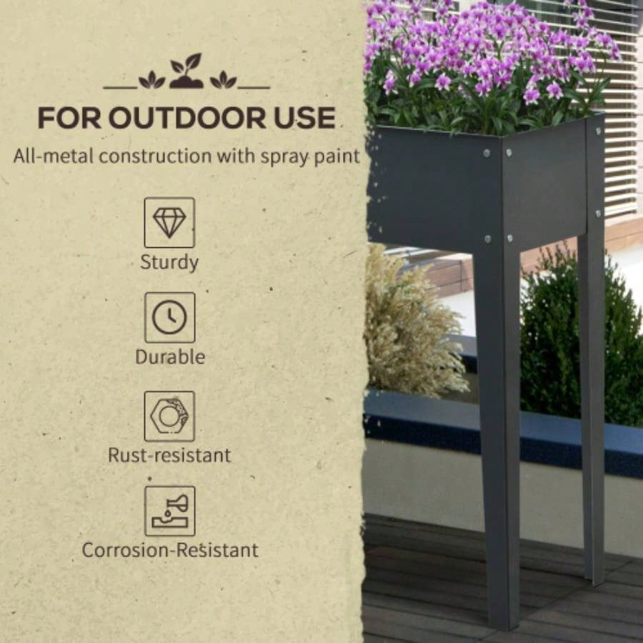 Outsunny Metal Raised Garden Bed, Elevated Planter Box with and Drain Holes, Dark Gray