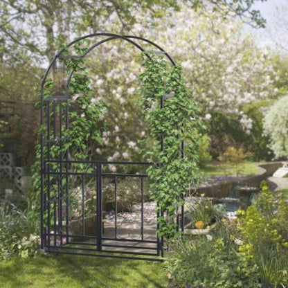 Outsunny 81 Metal Garden Arbor with Double Doors, Locking Gate, Climbing Vine Frame with Heart Motifs, Arch Wedding, Bridal Party Decoration,
