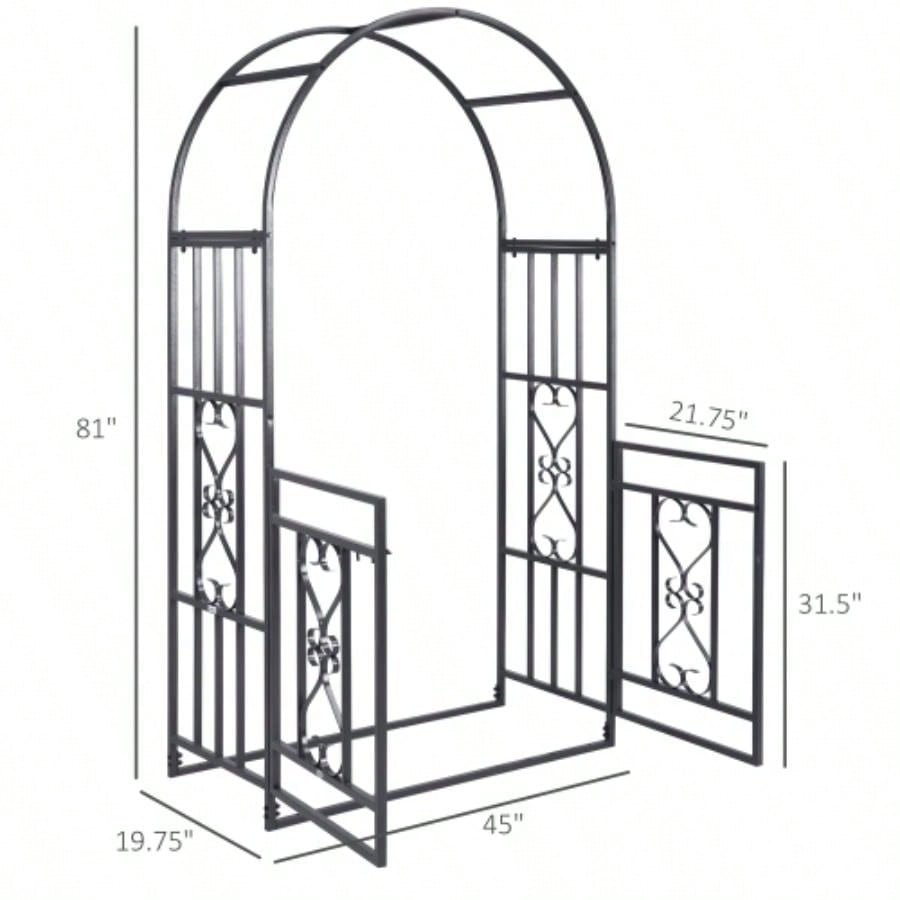 Outsunny 81 Metal Garden Arbor with Double Doors, Locking Gate, Climbing Vine Frame with Heart Motifs, Arch Wedding, Bridal Party Decoration,