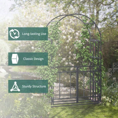 Outsunny 81 Metal Garden Arbor with Double Doors, Locking Gate, Climbing Vine Frame with Heart Motifs, Arch Wedding, Bridal Party Decoration,