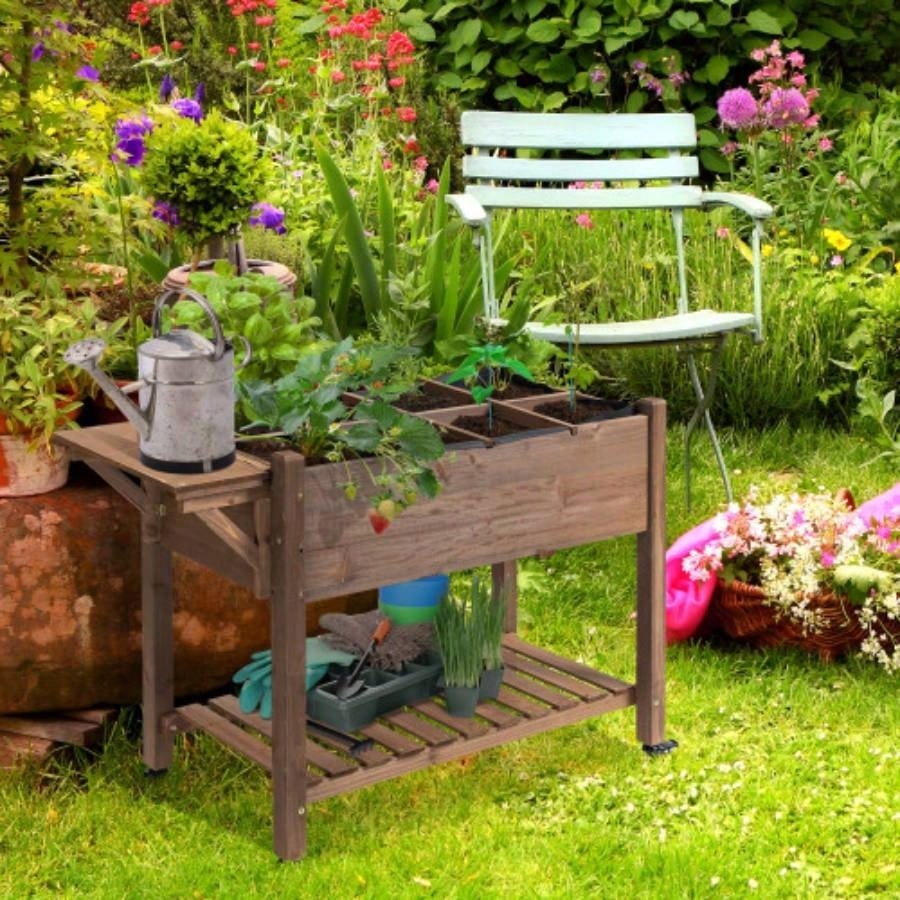 Outsunny Raised Garden Bed with 8 Grow Grids, Wooden Outdoor Plant Box Stand with Folding Side Table and Wheels, 49x 21x 34 Vegetables, Flowers, Herbs, Brown