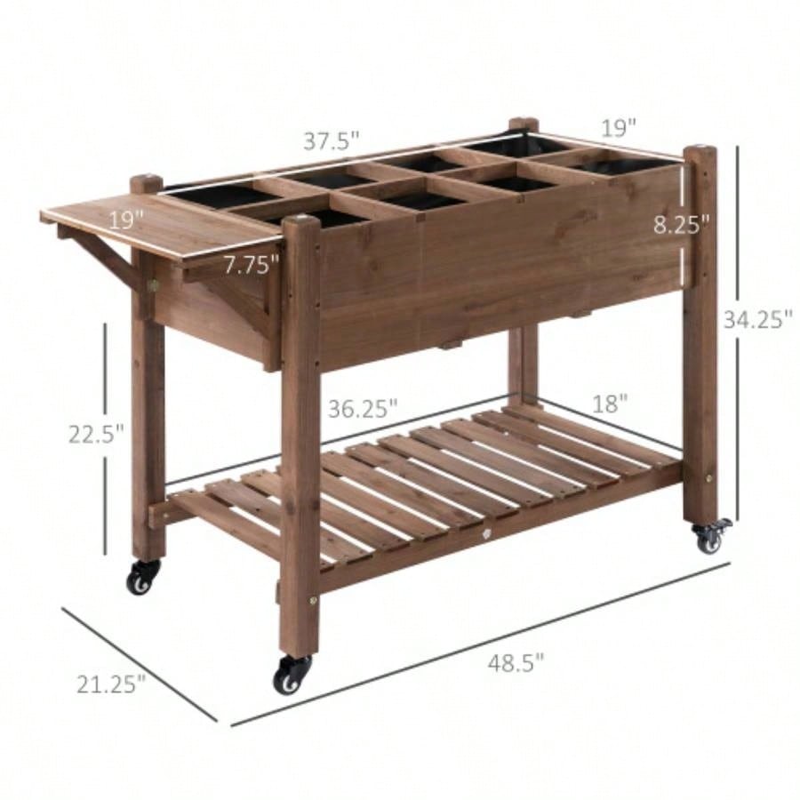 Outsunny Raised Garden Bed with 8 Grow Grids, Wooden Outdoor Plant Box Stand with Folding Side Table and Wheels, 49x 21x 34 Vegetables, Flowers, Herbs, Brown