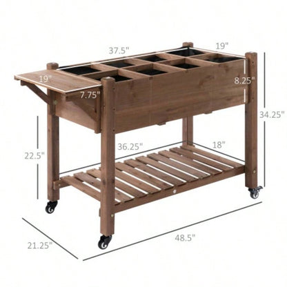 Outsunny Raised Garden Bed with 8 Grow Grids, Wooden Outdoor Plant Box Stand with Folding Side Table and Wheels, 49x 21x 34 Vegetables, Flowers, Herbs, Brown