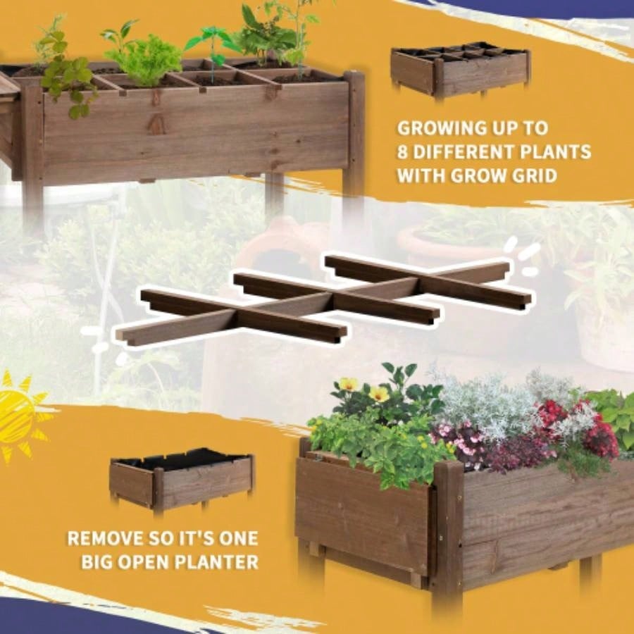 Outsunny Raised Garden Bed with 8 Grow Grids, Wooden Outdoor Plant Box Stand with Folding Side Table and Wheels, 49x 21x 34 Vegetables, Flowers, Herbs, Brown