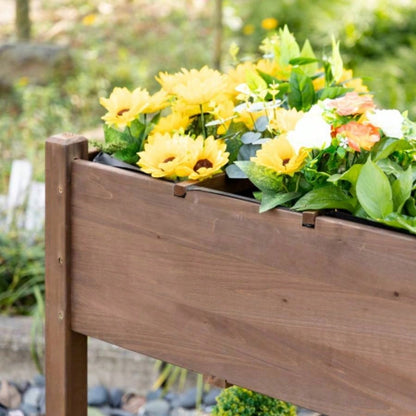 Outsunny Raised Garden Bed with 8 Grow Grids, Wooden Outdoor Plant Box Stand with Folding Side Table and Wheels, 49x 21x 34 Vegetables, Flowers, Herbs, Brown