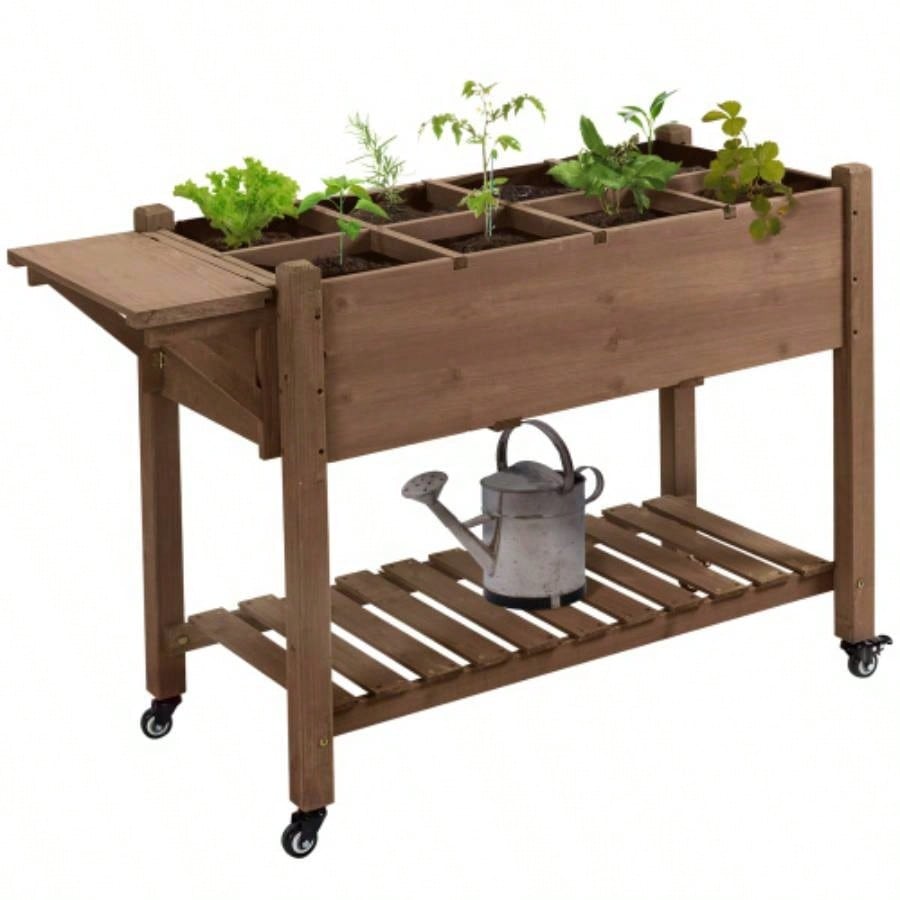 Outsunny Raised Garden Bed with 8 Grow Grids, Wooden Outdoor Plant Box Stand with Folding Side Table and Wheels, 49x 21x 34 Vegetables, Flowers, Herbs, Brown