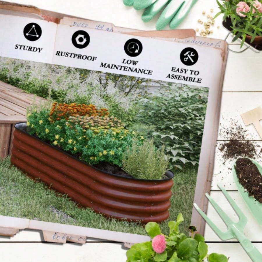 Outsunny 6.5x 2x 1.4 Galvanized Raised Garden Bed Kit, Outdoor Metal Elevated Planter Box with Safety Edging, Easy Stock Growing Flowers, Herbs Vegetables, Brown