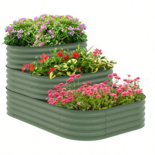 Outsunny 3 - Tier Galvanized Steel Raised Garden Bed Kit, 62.25x 43x 32.25 3 Combining Planter Boxes with Rubber Strip Edging, Open Bottom Backyard, Garden, Patio, Green