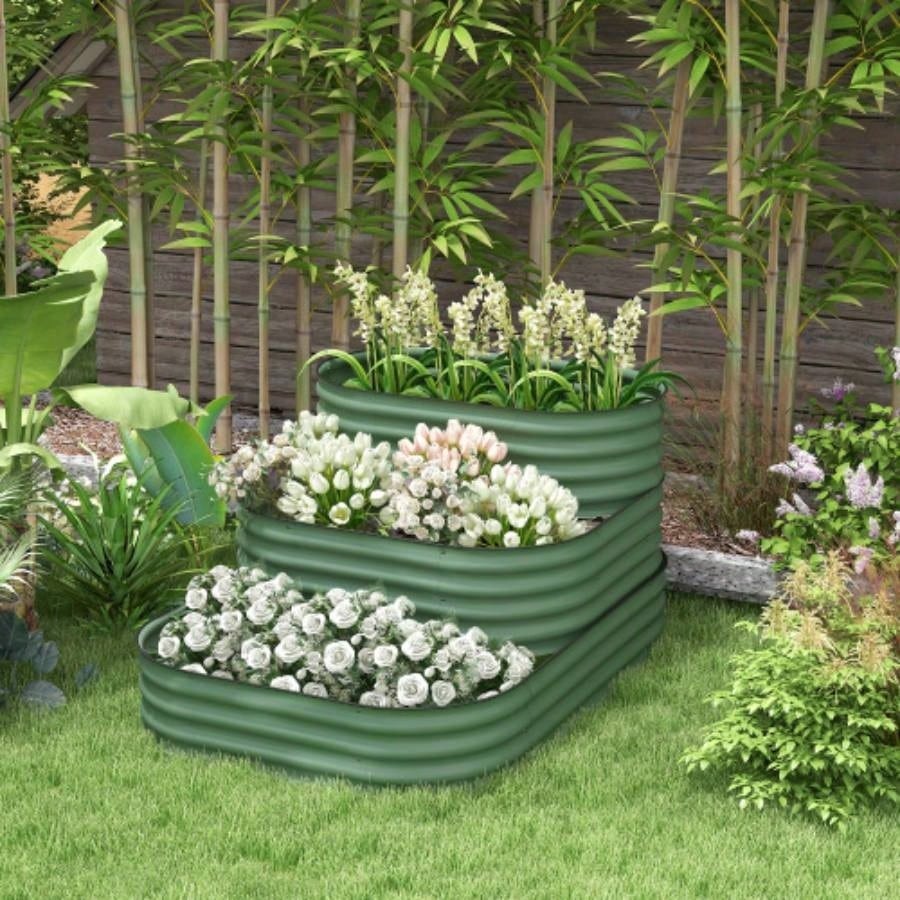 Outsunny 3 - Tier Galvanized Steel Raised Garden Bed Kit, 62.25x 43x 32.25 3 Combining Planter Boxes with Rubber Strip Edging, Open Bottom Backyard, Garden, Patio, Green