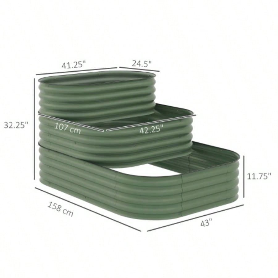 Outsunny 3 - Tier Galvanized Steel Raised Garden Bed Kit, 62.25x 43x 32.25 3 Combining Planter Boxes with Rubber Strip Edging, Open Bottom Backyard, Garden, Patio, Green